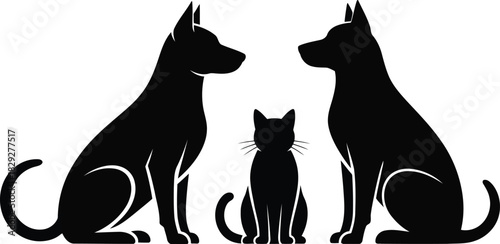Three black animal silhouettes featuring two dogs and a cat sitting side by side on a white background