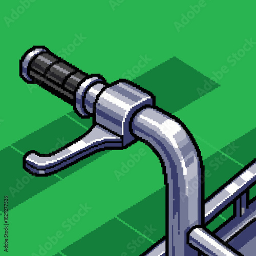 A pixel art close-up of a bicycle handlebar with a brake lever and black grip against a green grid background.
