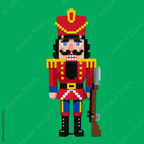 Pixel art illustration of a traditional nutcracker soldier in a red uniform holding a rifle on a solid green background, featuring a tall hat and mustache.