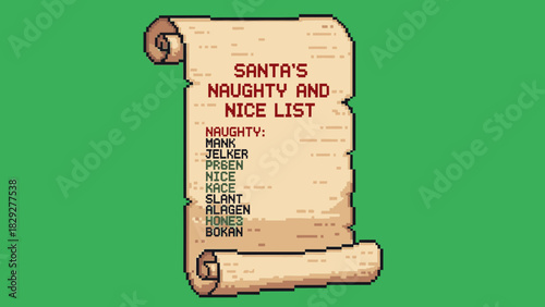 Pixel art illustration of Santa's Naughty and Nice List scroll on a solid green background, featuring names for both categories.
