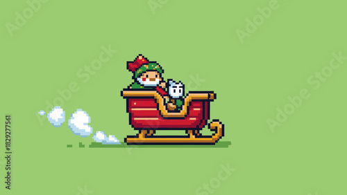 A pixel art illustration of a festive gnome and a small white creature riding a red sleigh, leaving a snowy trail on a green background.