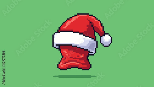 A pixel art illustration of a classic red Santa hat with a white brim and pom-pom, floating on a solid green background.