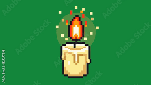 A pixel art style illustration of a lit candle with a glowing flame and sparkling particles on a solid green background.