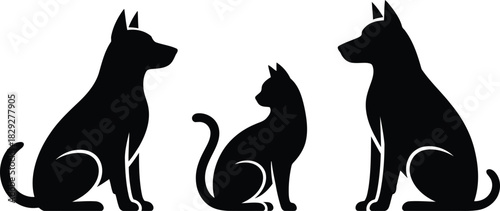 Three black stylized silhouettes of a cat and two dogs sitting calmly on a white background