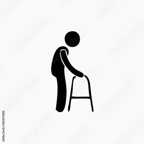 Simple black silhouette icon of an elderly person or patient using a standard medical walker for mobility assistance.
