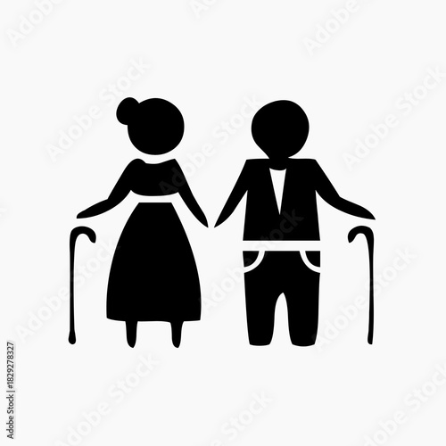 Stylized black silhouette icon of an elderly couple holding hands, both standing with walking canes, representing maturity and companionship.