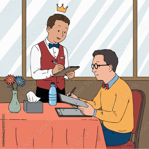 Vector a waiter with a crown taking an order from a customer sitting at a table in a restaurant