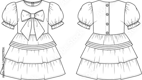 Girl’s dress technical sketch, front and back view, puff sleeves, bow detail, tiered skirt, cad drawing flat vector illustration