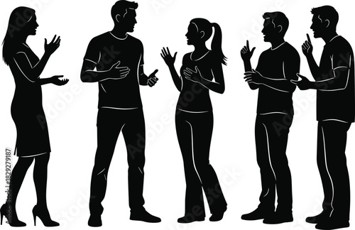 Group conversation silhouette, social interaction vector, body language illustration, teamwork communication concept, cad drawing flat vector illustration artwork