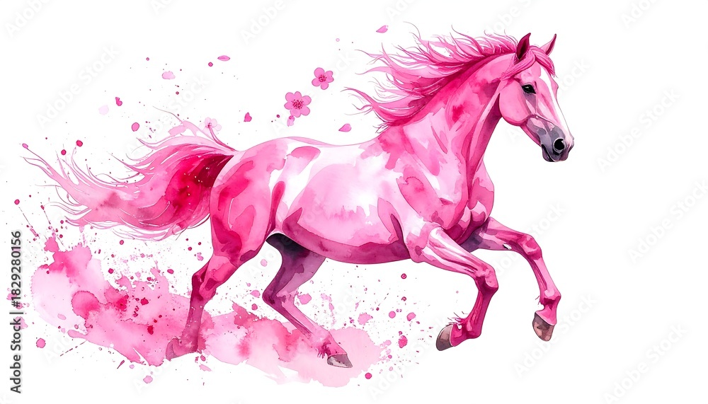 Fototapeta premium ピンクの馬が水彩のように駆ける午年お正月の鮮やかな年賀壁紙背景