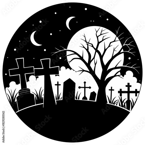 Spooky Graveyard Cemetery with Gravestones and Bare Tree - Halloween Scene Vector