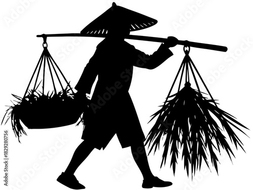 Asian Farmer Carrying Rice Harvest on Shoulder Pole Silhouette - Paddy Vector