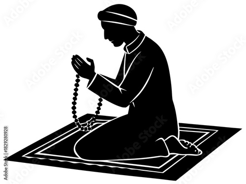 Muslim Man Praying on Rug with Prayer Beads Silhouette - Islamic Vector