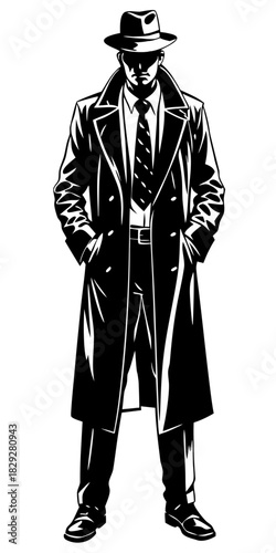 Vintage Detective Man Silhouette in Trench Coat and Fedora - Noir Vector