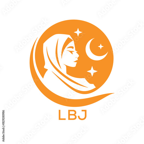 LBJ Elegant Muslim Woman Logo with Moon and Stars. LBJ Islamic Beauty, Modest Fashion & Hijab. LBJ Brand Icon.
