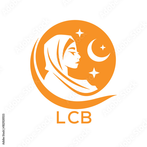 LCB Elegant Muslim Woman Logo with Moon and Stars. LCB Islamic Beauty, Modest Fashion & Hijab. LCB Brand Icon.
