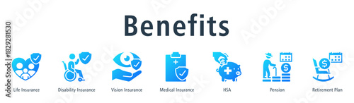 Benefits  Web Banner Glyph Gradient icon vector illustration concept with icon of life insurance, disability insurance, vision insurance, medical insurance, hsa, pension and retirement plan