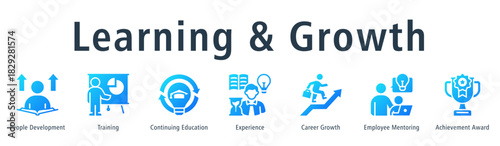 Learning & Growth Web Banner Glyph Gradient icon vector illustration concept with icon of people development, training, continuing education, experience, career growth and employee mentoring