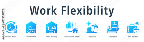 Work Flexibility Web Banner Glyph Gradient icon vector illustration concept with icon of flexible hours, home office, home working, hybrid work model, vacation, sick leave and paid holidays