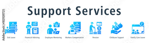 Support Services Web Banner Glyph Gradient icon vector illustration concept with icon of sick leave, financial advising, employee mentoring, workers compensation, pension and childcare support