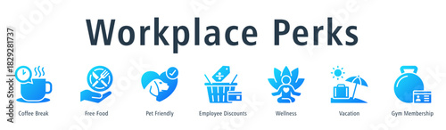 Workplace Perks Web Banner Glyph Gradient icon vector illustration concept with icon of coffee break, free food, pet friendly, employee discounts, wellness, vacation and gym membership