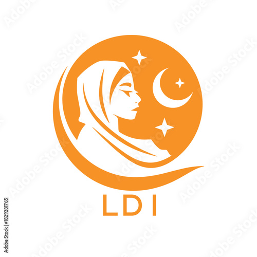LDI Elegant Muslim Woman Logo with Moon and Stars. LDI Islamic Beauty, Modest Fashion & Hijab. LDI Brand Icon.
