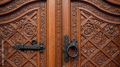 Close Up of Ornate Wooden Double Doors with Intricate Carvings and Black Metal Hardware