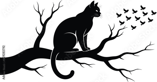 A black cat silhouette sits intently on a gnarled tree branch watching birds fly away