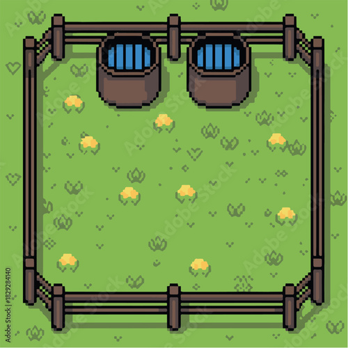 Vector a pixel art depiction of a fenced enclosure with two water troughs and grassy ground cover