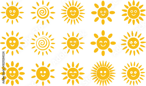 A charming collection of smiling yellow sun icons with various ray designs on a white background