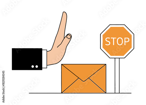 A hand stopping an orange envelope with a stop sign, illustrating email spam or unwanted communication.