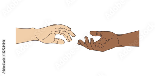 Illustration of two hands with different skin tones reaching towards each other on a white background, symbolizing help, unity, and diversity.