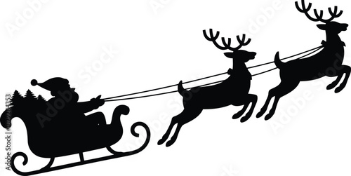A charming black silhouette of Santa Claus in his sleigh carrying small evergreen trees pulled by two reindeer