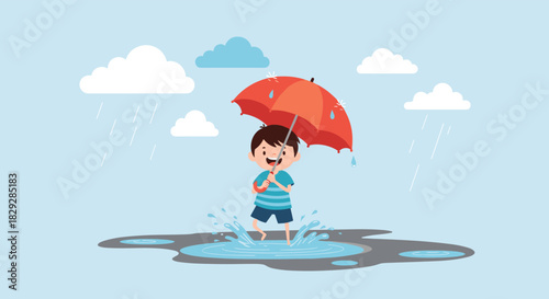 A happy child with an umbrella jumps in puddles on a rainy day.