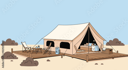 A glamping tent setup on a wooden platform with outdoor seating and a bed inside.