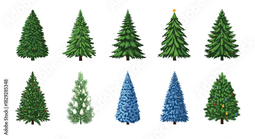A collection of ten different pine and fir trees in various styles and colors, including decorated and snow-covered options.