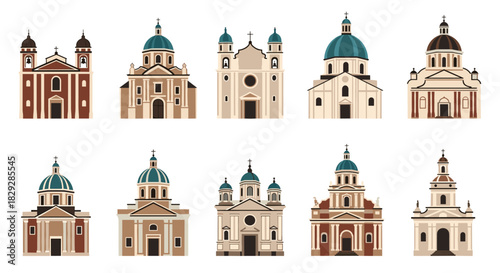 Collection of diverse, colorful pixel art churches and cathedrals in a flat design style.