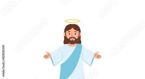 Illustration of Jesus Christ with a halo and open arms, offering a blessing or welcome.