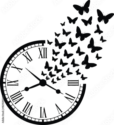 A classic black and white clock face with Roman numerals visually transforms into a dynamic swarm of flying butterflies