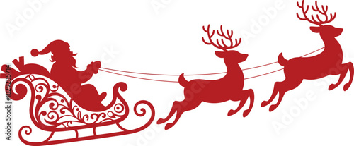 A cheerful Santa Claus is seen riding his beautifully decorated sleigh pulled by two swift reindeer