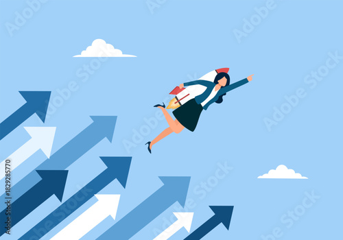 Career woman with jetpack flying to the sky. Metaphor for ambitious and successful female business person. Launch new business.