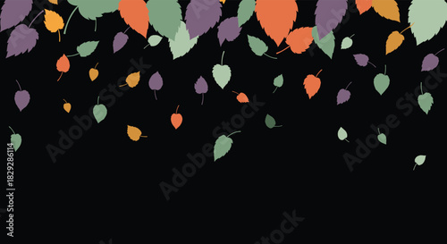 Dynamic abstract illustration of various colored autumn leaves, including orange, green, and purple, falling on a solid black background.