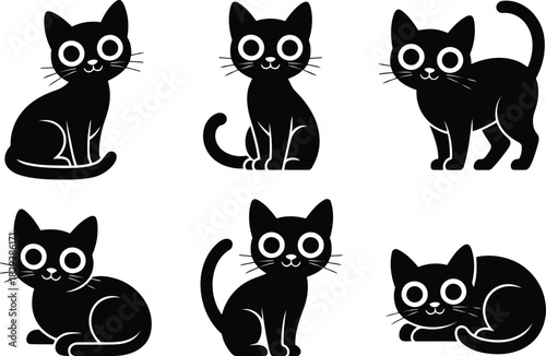 A collection of cute black cat cartoon icons with big round eyes in various sitting and lying poses