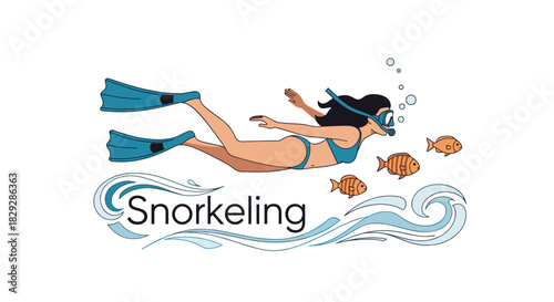 A young woman in a swimsuit and snorkeling gear gracefully swims underwater, observing three small fish, with the word \.