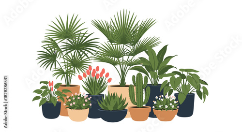An inviting array of various green potted houseplants and flowering plants, showcasing a lush indoor garden or botanical collection on a clean background.