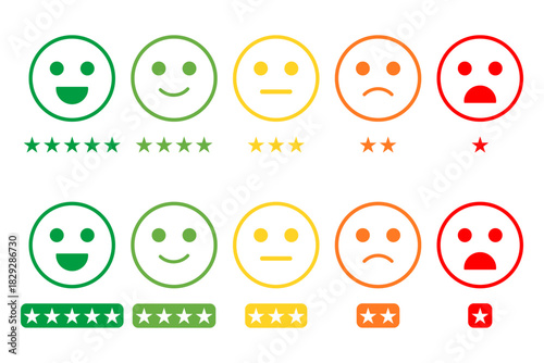Customer satisfaction rating with stars concept. Customer satisfaction rating template. Feedback scale with emoticon faces, excellent good medium poor very bad user experience vector illustration.