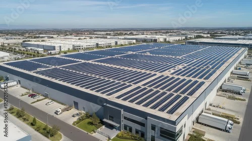 Aerial view of a large industrial building covered in solar panels on a sunny day