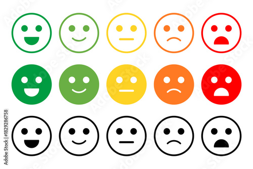 Satisfaction rating with different style. Customer satisfaction rating template. Feedback scale with emoticon faces, excellent, good, medium, poor, to very bad user experience vector illustration.