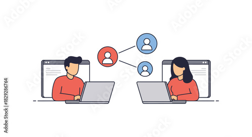 Online collaboration illustration people working together online connecting remotely sharing ideas perfect for teamwork and remote business concepts.
