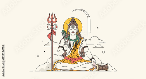 Lord Shiva, the Hindu deity, meditating peacefully in a cross-legged pose on clouds, adorned with his sacred trishul, damaru, and cobra.